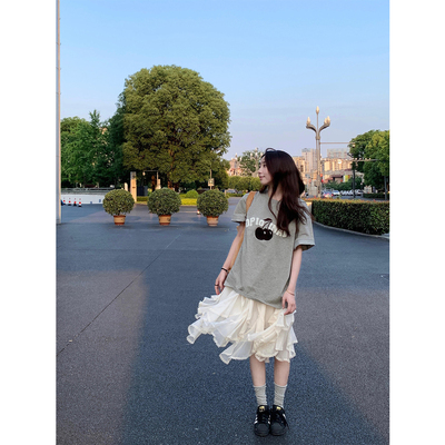 韩系植绒樱桃刺绣短袖t恤女夏季2026新款纯棉设计感小众宽松上衣