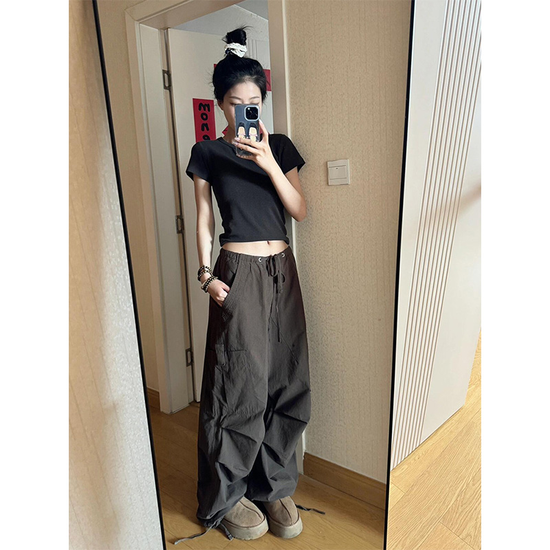美式复古碳灰色正肩t恤女短袖