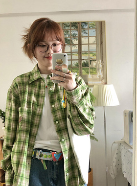 设计感绿色格子长袖衬衫女早秋2024新款宽松防晒衬衣法式上衣外套