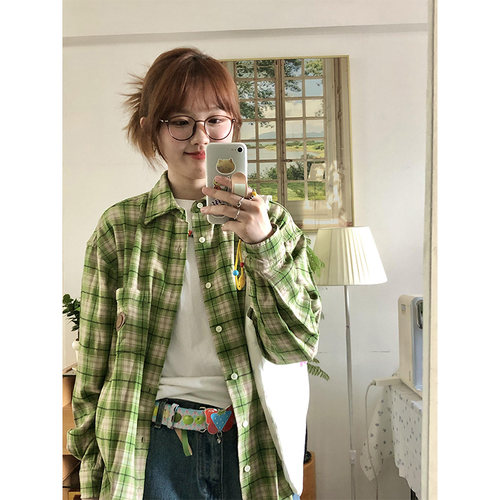 设计感绿色格子长袖衬衫女早秋