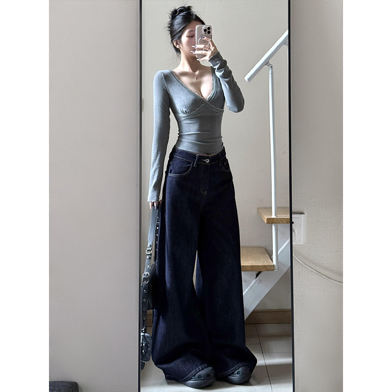 纯欲蕾丝拼接v领长袖t恤女秋冬季