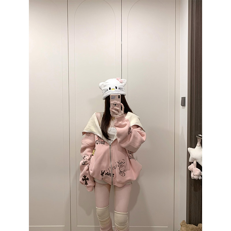 慵懒KT凯蒂猫印花连帽卫衣外套女