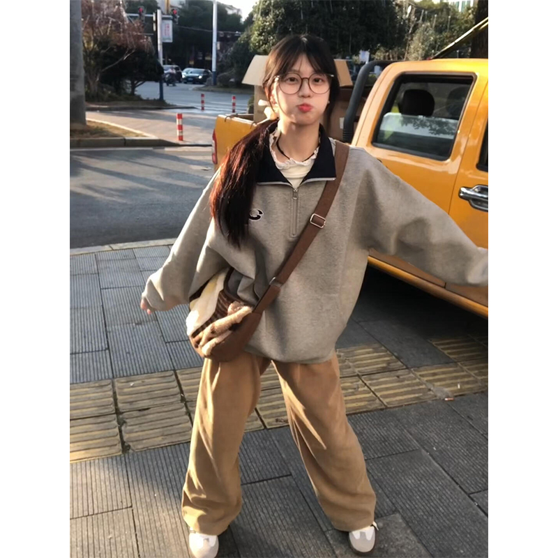 美式复古学院风撞色半拉链卫衣女