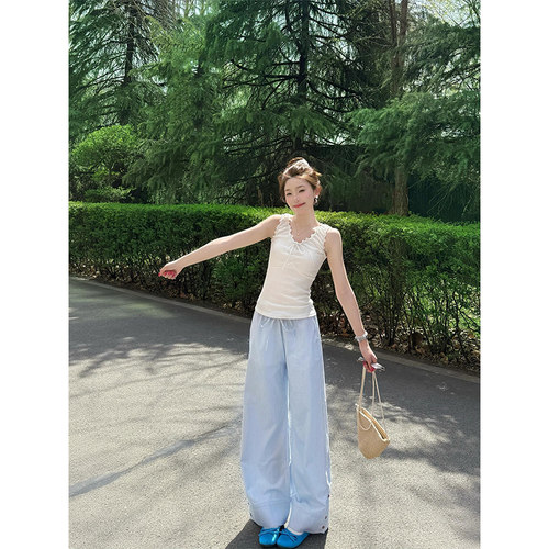 美式速干设计感抽绳阔腿休闲裤女