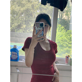 设计感小众收腰辣妹短款 t恤女夏季 上衣 u领正肩酒红色短袖 纯棉美式