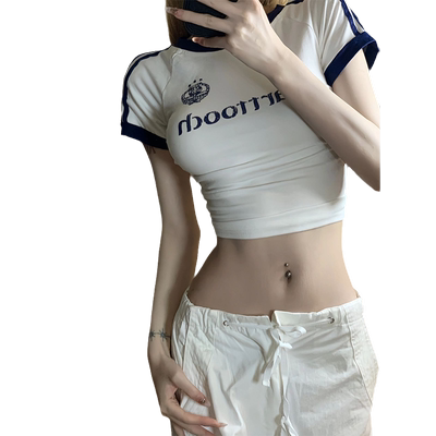 美式复古辣妹显瘦正肩短袖t恤女