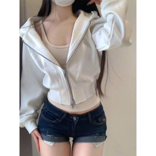 纯欲短款白色双拉链卫衣外套女春秋款连帽开衫美式辣妹小个子上衣