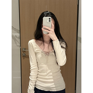 显瘦内搭打底衫 修身 上衣 t恤女秋冬2025新款 韩系bm抽绳绑带v领长袖