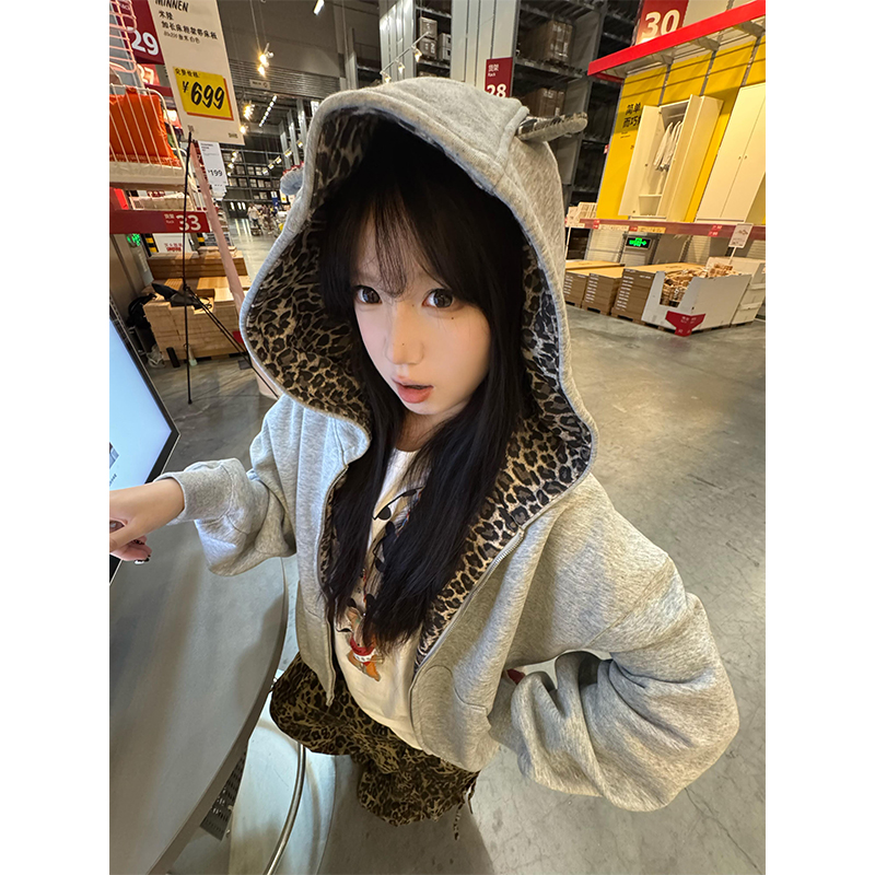 美式复古耳朵豹纹连帽卫衣外套女