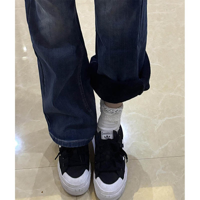 美式复古加绒加厚微喇牛仔裤女冬