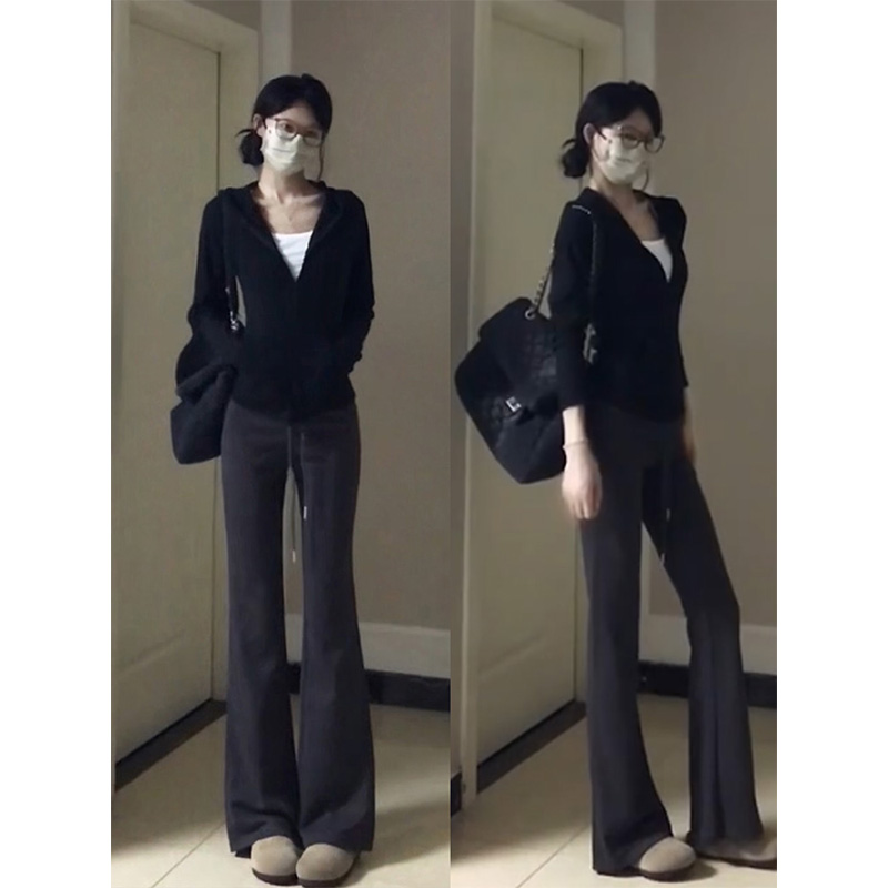 美式深灰色微喇卫裤女秋冬加绒