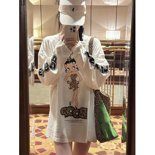 豹纹贝蒂印花oversize长袖t恤女