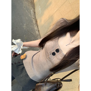 韩系复古U领针织衫女春季修身显瘦淡人穿搭七分袖内搭打底衫上衣