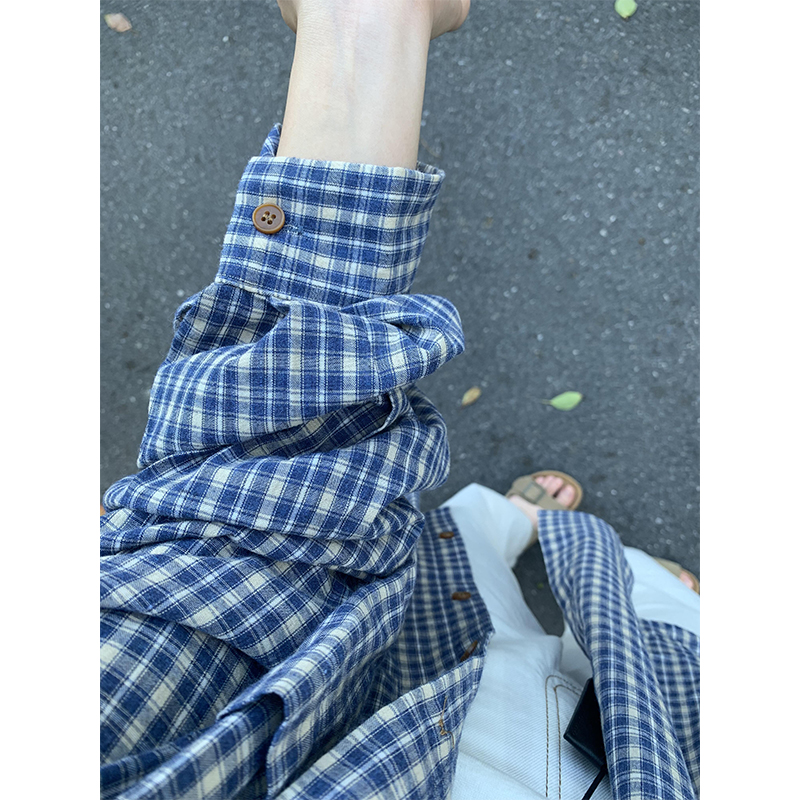 美式复古蓝色格子衬衫女春秋新款