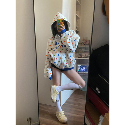 美式高街彩虹波点字母刺绣卫衣女