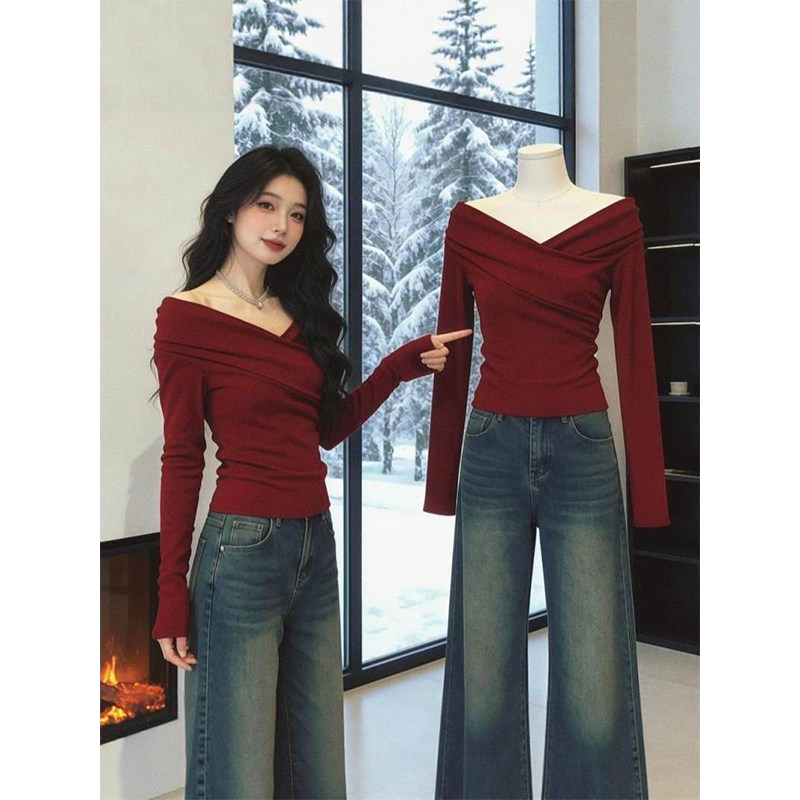 法式复古红色露肩v领打底衫女冬季内搭设计感小众长袖t恤绝美上衣