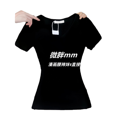 黑色V领微胖mm短袖t恤女2024新款