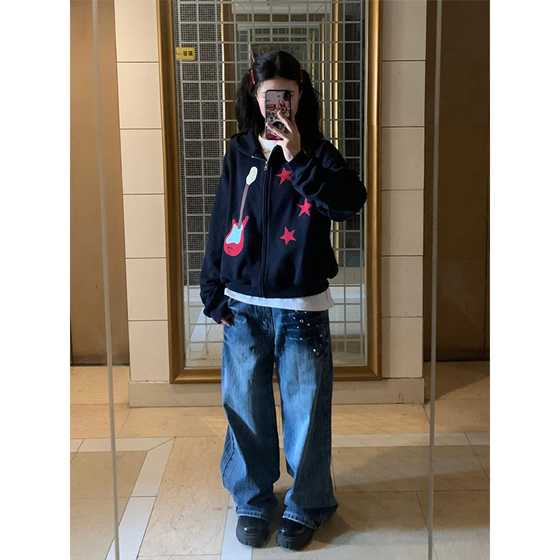 美式复古吉他星星华夫格耳朵卫衣女秋季连帽宽松设计感开衫外套潮,女装/女士精品,卫衣/绒衫,淘宝优惠券,粉丝福利购,淘宝优惠卷