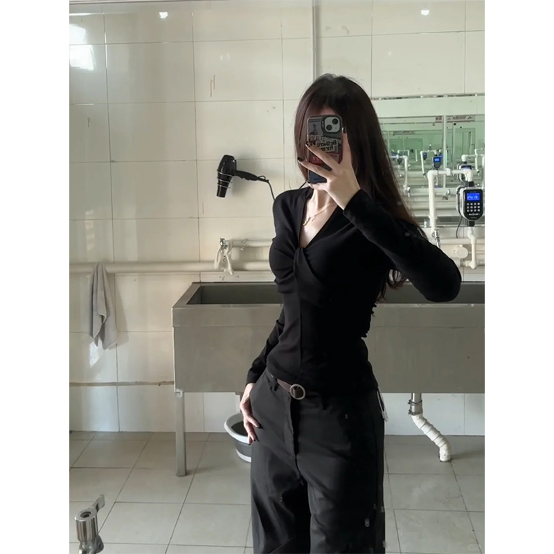黑色一字肩长袖t恤女早秋纯欲
