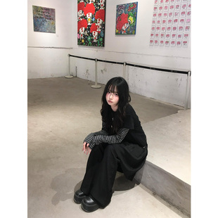 韩系假两件条纹撞色拼接长袖打底衫女秋季街头风休闲百搭t恤上衣