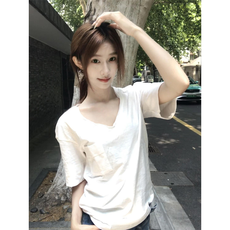 纯棉撕卷边口袋短袖t恤女夏季新款宽松v领韩系正肩白色松弛感上衣
