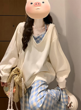 美式甜酷连帽V领格子卫衣女春秋2025新款oversize慵懒风宽松外套