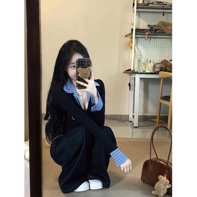 韩系格纹假两件polo领长袖t恤女