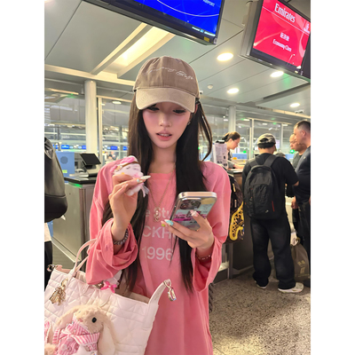 粉色字母印花圆领长袖t恤女春秋