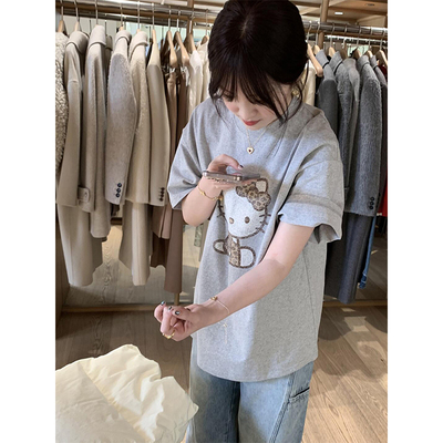 可爱卡通kitty印花灰色短袖t恤女