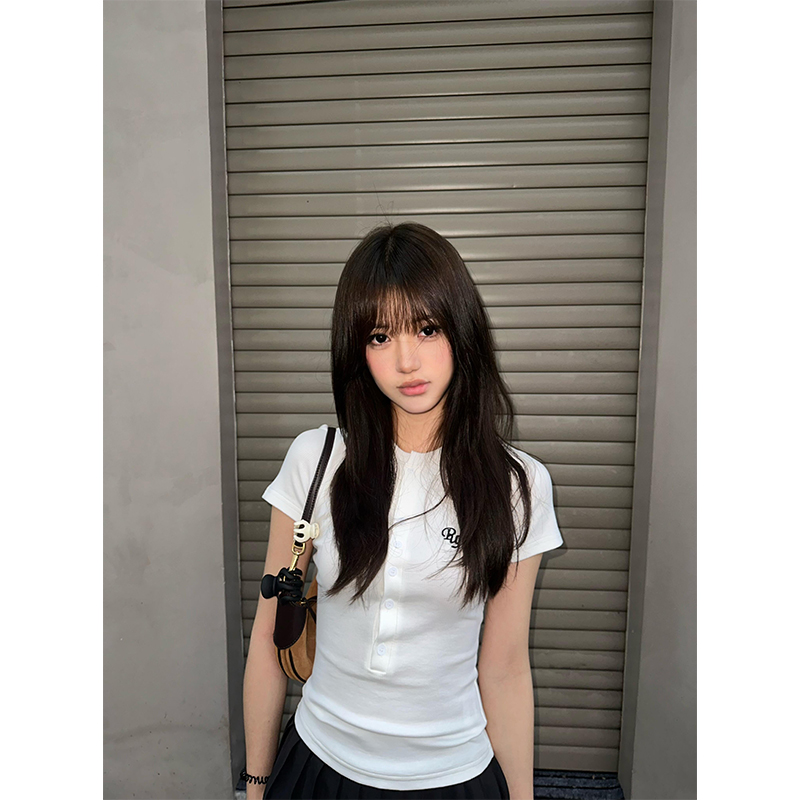 韩系亨利领正肩刺绣短袖t恤女夏
