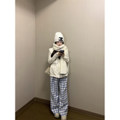 宽松直筒垂感高腰休闲慵懒阔腿裤 加绒蓝色格纹裤 子女秋冬2024新款