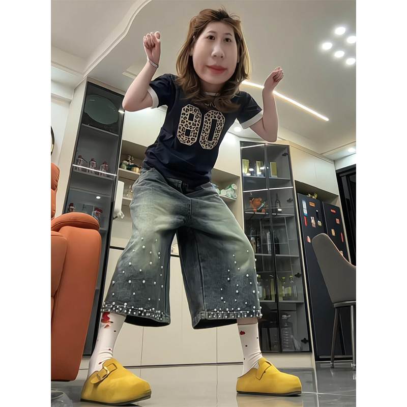 美式复古珍珠七分牛仔短裤女夏季