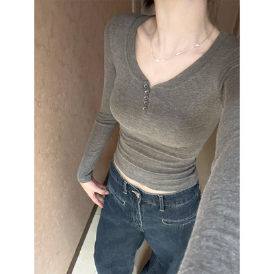 2025早秋新款V领纽扣长袖t恤女