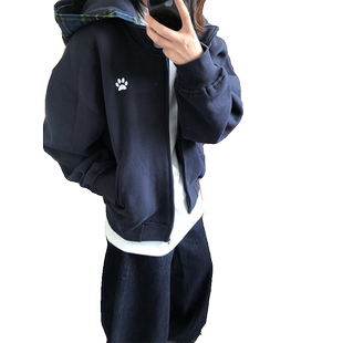 国潮狗爪刺绣格纹拼接连帽卫衣女秋冬小个子拉链开衫慵懒chic外套