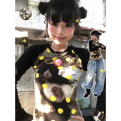 奶牛猫咪波点印花长袖t恤女秋季
