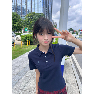 正肩翻领收腰显瘦jk上衣 韩系学院风polo衫 t恤女短袖 2025新款 夏季
