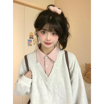 韩系假两件拼接撞色卫衣女秋冬