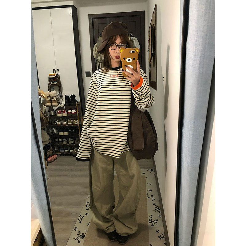 美式复古条纹撞色长袖t恤女春秋季2025新款宽松chic慵懒情侣上衣,女装/女士精品,T恤,淘宝优惠券,粉丝福利购,淘宝优惠卷