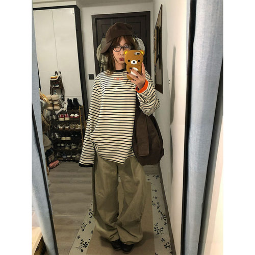 美式复古条纹撞色长袖t恤女春秋