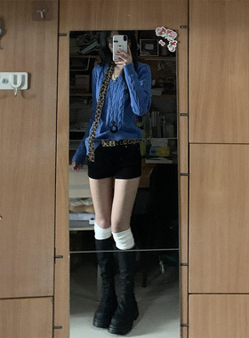 纯欲辣妹蓝色V领针织衫上衣女秋冬麻花毛衣高级感修身打底衫内搭