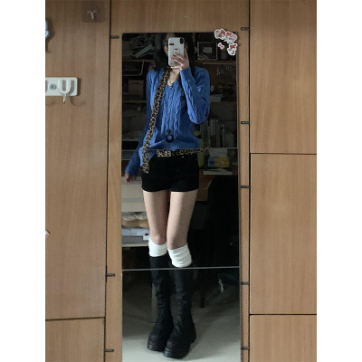 纯欲辣妹蓝色V领针织衫上衣女冬