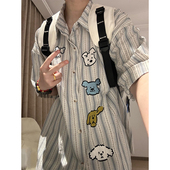 宽松薄款 美式 女夏季 衬衫 学院风条纹衬衣外套 复古小狗刺绣撞色短袖