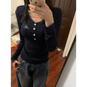 设计感小众别致独特打底上衣 t恤女春秋季 美式 复古辣妹紧身V领长袖