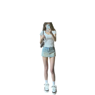 超好看正肩U领白色短袖t恤女夏季新款纯棉修身显瘦休闲打底衫上衣