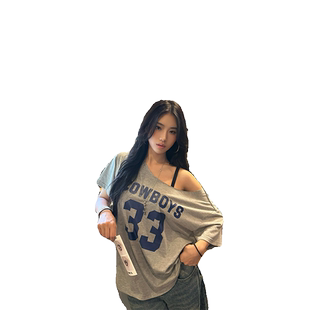 美式复古球衣露肩T恤女短袖2024夏季新款斜肩宽松设计感小众上衣