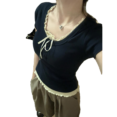 纯欲风系带假两件正肩短袖t恤女