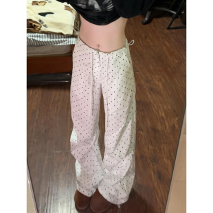 白色波点工装伞兵裤女夏薄款运动裤登山冲锋裤宽松阔腿防晒速干裤