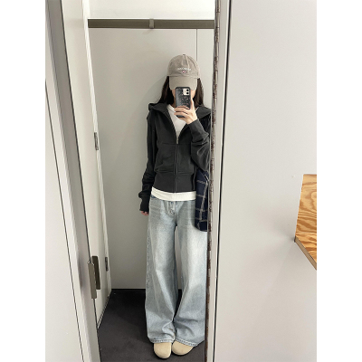 美式复古短款连帽卫衣外套女秋季