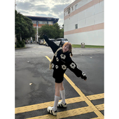 美式 复古花卉发泡满印连帽卫衣女秋冬新款 宽松潮牌设计感情侣外套