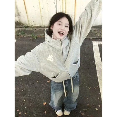 美式复古灰色廓形连帽开衫卫衣女